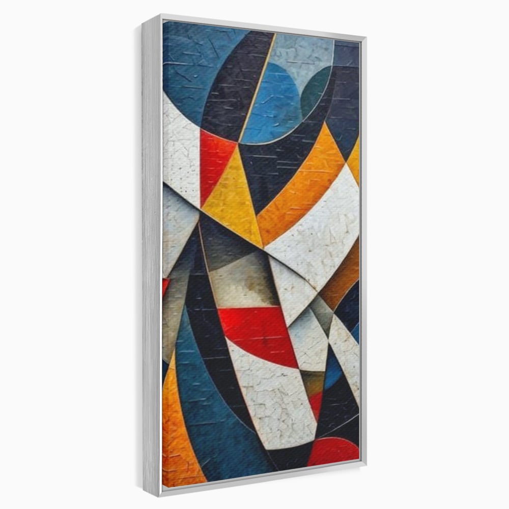 Tablou canvas cu pictura abstracta cu forme geometrice, in rama de aluminiu argintiu